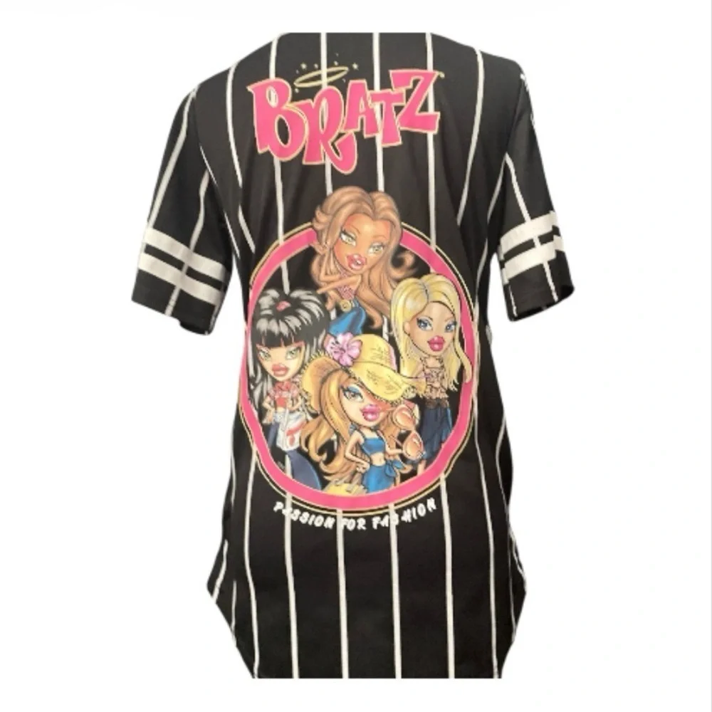 Bratz Baseball Jersey Graphic Shirt Black White Pinstripe Y2K Style